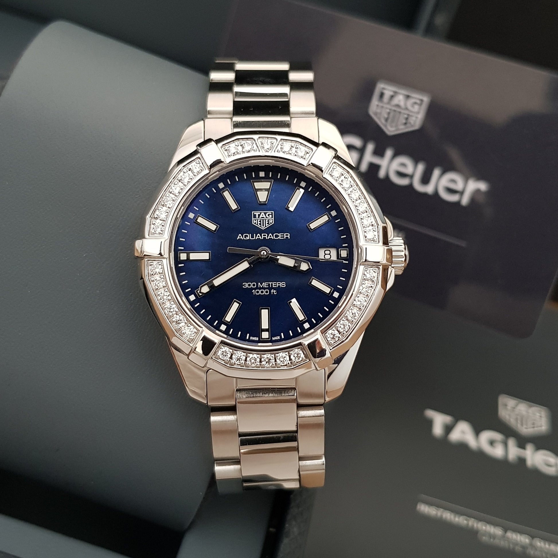  Shop Authentic Tag Heuer Aquaracer Quartz Diamonds Blue Dial Silver Steel Strap Watch for Women - WAY131N.BA0748 - Luxxuri