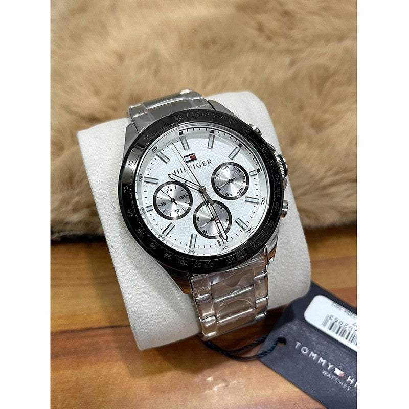  Shop Authentic Tommy Hilfiger Hudson Chronograph White Dial Silver Steel Strap Watch For Men - 1791227 - Luxxuri