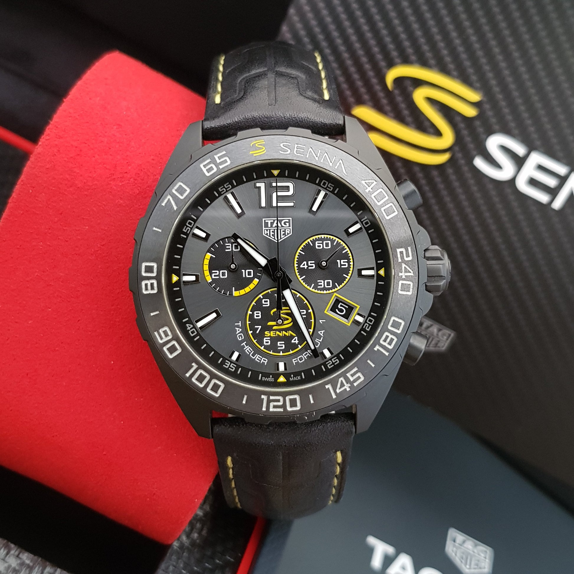  Shop Authentic Tag Heuer Formula 1 Chronograph Senna Black Dial Black Leather Strap Watch for Men - CAZ101AJ.FC6487 - Luxxuri