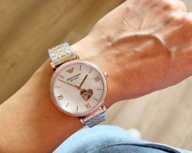  Shop Authentic Emporio Armani Meccanico Automatic Mother of Pearl Dial Two Tone Steel Strap Watch For Women - AR60049 - Luxxuri