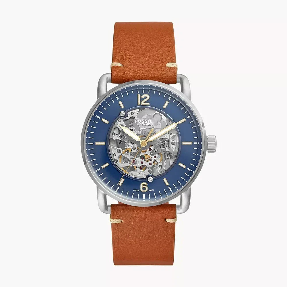  Shop Authentic Fossil Forrester Luggage Automatic Skeleton Blue Dial Brown Leather Strap Watch for Men - ME3179 - Luxxuri