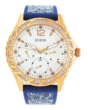  Shop Authentic Guess Swirl Analog Quartz White Dial Blue Rubber Strap Watch for Women - W1096L4 - Luxxuri