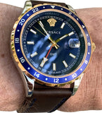  Shop Authentic Versace Hellenyium GMT Blue Dial Brown Leather Strap Watch for Men - V11080017 - Luxxuri