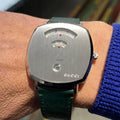 Shop Authentic Gucci Grip Silver Dial Green Leather Strap Unisex Watch - YA157412 - Luxxuri