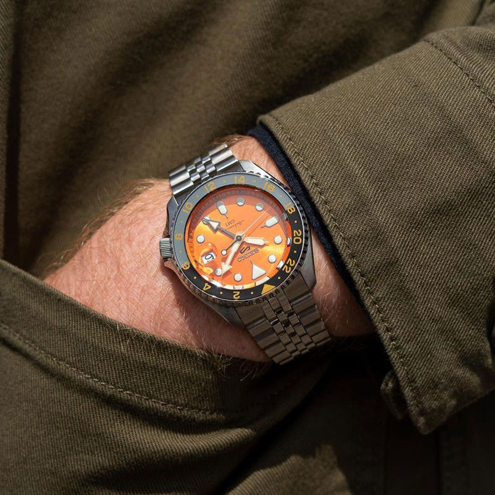  Shop Authentic Seiko 5 Sports GMT Automatic Orange Dial Silver Steel Strap Watch For Men - SSK005K1 - Luxxuri