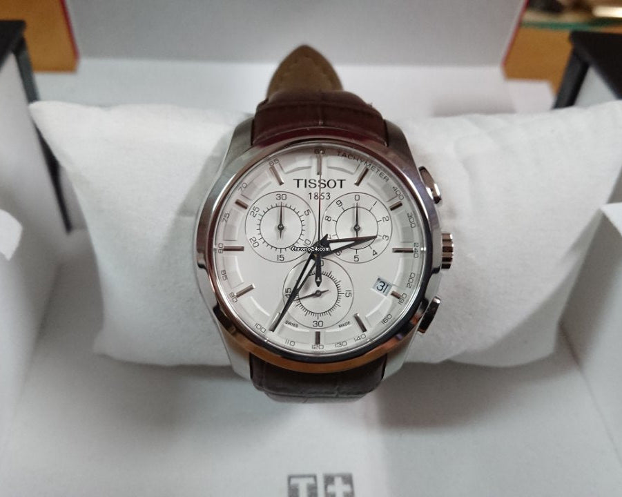 Tissot Couturier Chronograph White Dial Brown Leather Strap Watch For Men - T035.617.16.031.00