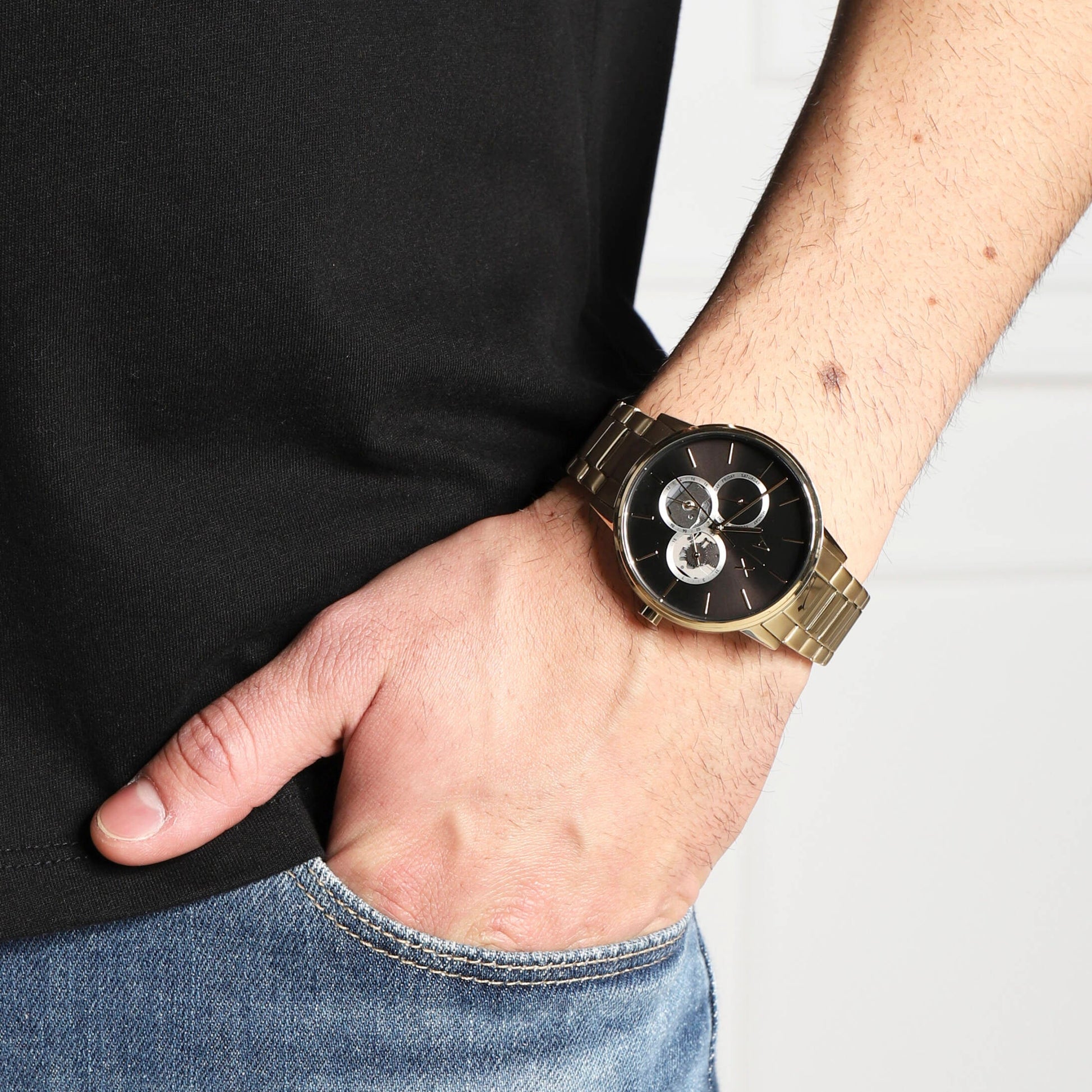  Shop Authentic Armani Exchange Cayde Chronograph Black Dial Gold Steel Strap Watch for Men - AX2747 - Luxxuri