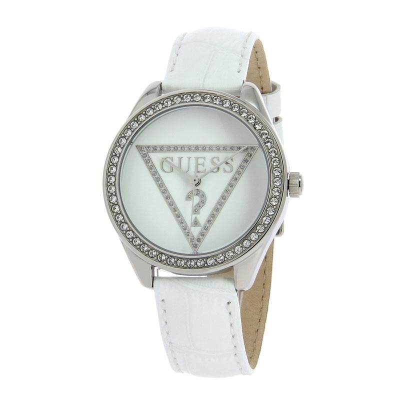  Shop Authentic Guess Mini Triangle Quartz Diamonds Silver Dial White Leather Strap Watch For Women - W65006L1 - Luxxuri