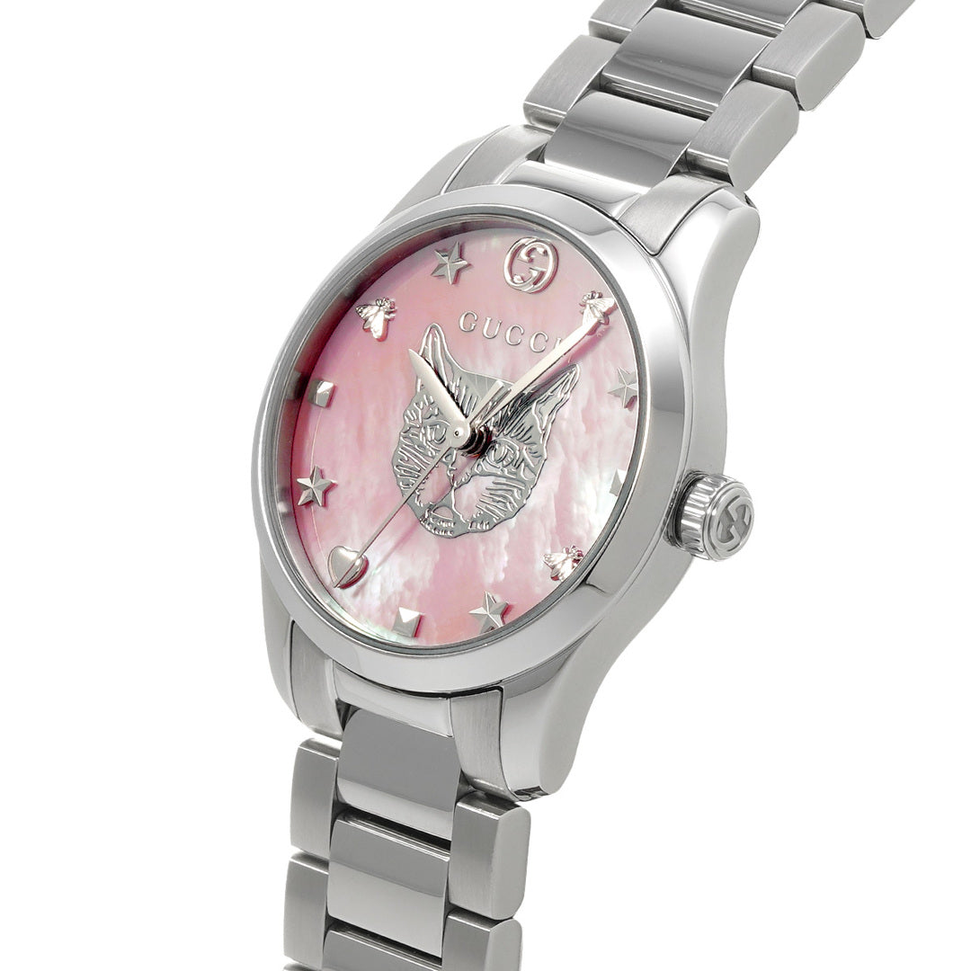  Shop Authentic Gucci G Timeless Quartz Mother of Pearl Pink Dial Silver Steel Strap Watch For Women - YA1265013 - Luxxuri