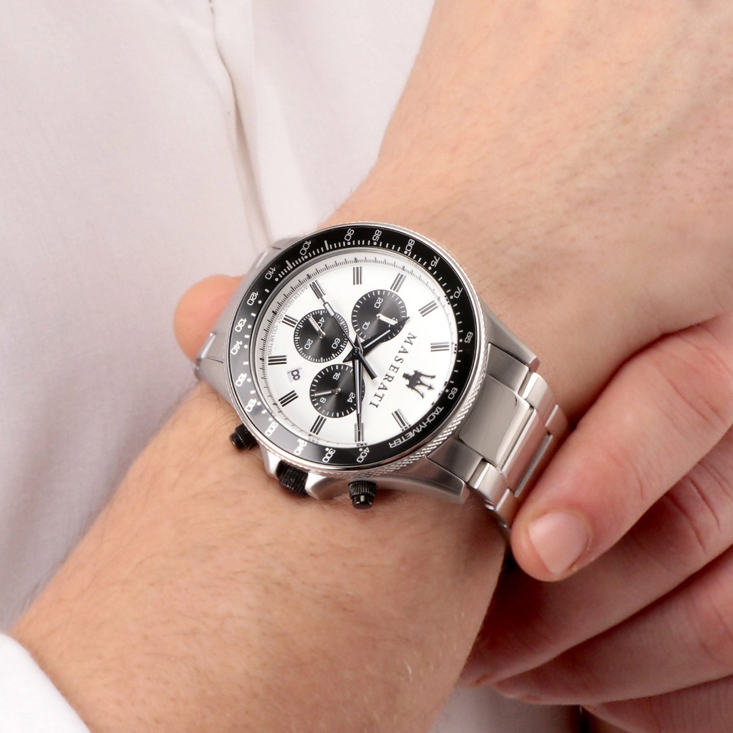  Shop Authentic Maserati SFIDA Chronograph White Dial Silver Steel Strap Watch For Men - R8873640003 - Luxxuri