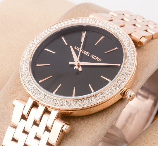 Michael Kors Darci Black Dial Rose Gold Steel Strap Watch for Women - MK3402