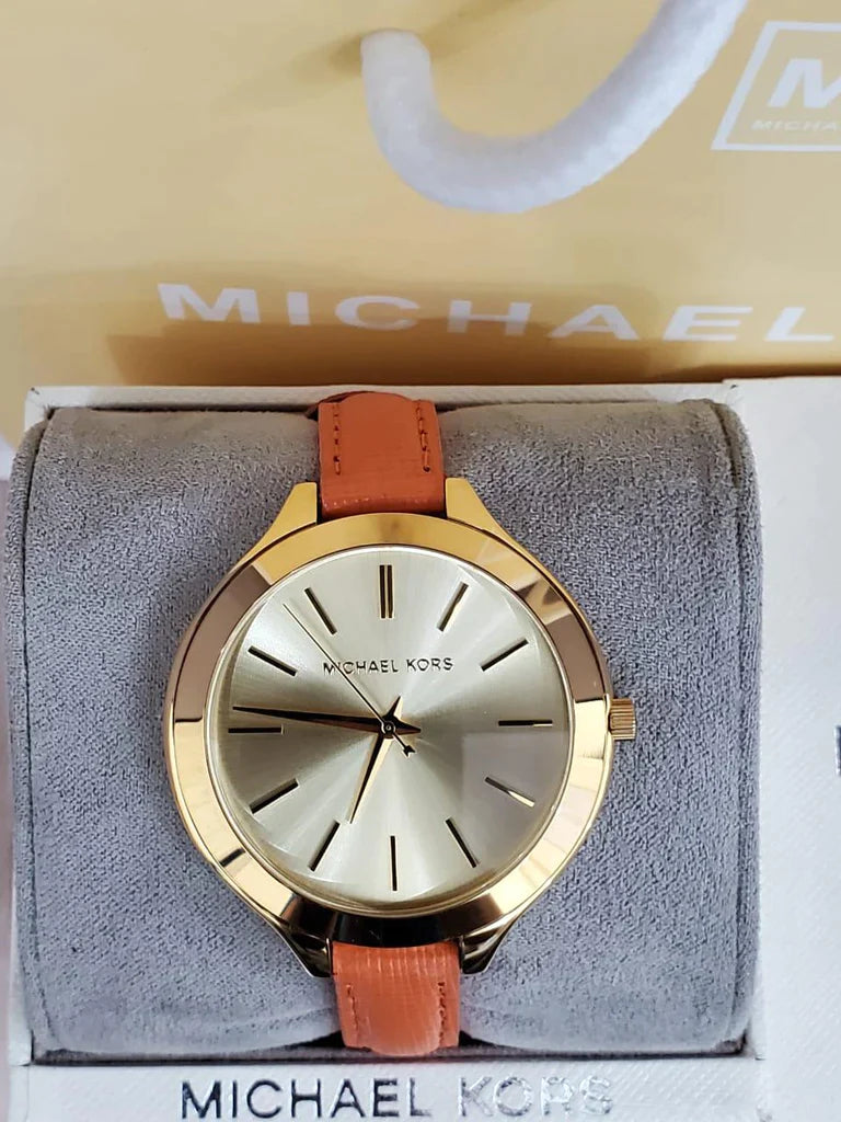  Shop Authentic Michael Kors Runway Quartz Gold Dial Orange Leather Strap Watch For Women - MK2275 - Luxxuri