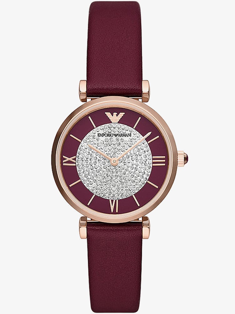  Shop Authentic Emporio Armani Gianni T Bar Crystals Maroon Dial Maroon Leather Strap Watch for Women - AR11487 - Luxxuri