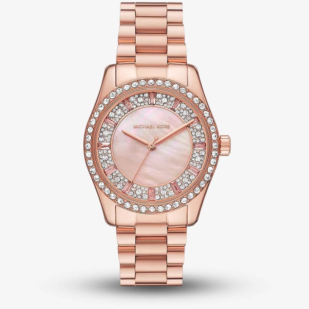  Shop Authentic Michael Kors Lexington Three Hand Mother of Pearl Pink Dial Rose Gold Steel Strap Watch For Women - MK7444 - Luxxuri