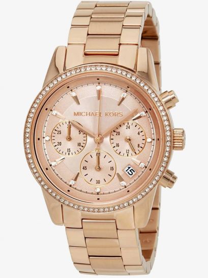  Shop Authentic Michael Kors Ritz Chronograph Rose Gold Dial Rose Gold Steel Strap Watch for Women - MK6357 - Luxxuri