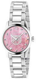  Shop Authentic Gucci G Timeless Quartz Mother of Pearl Pink Dial Silver Steel Strap Watch For Women - YA1265013 - Luxxuri