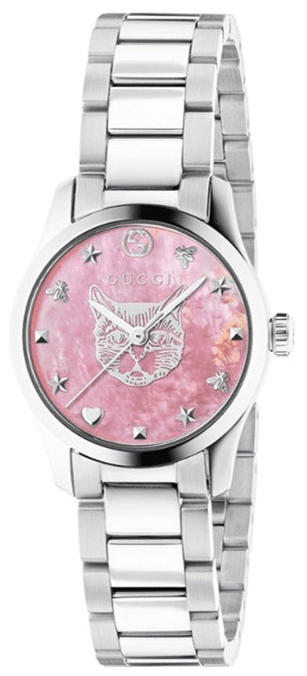  Shop Authentic Gucci G Timeless Quartz Mother of Pearl Pink Dial Silver Steel Strap Watch For Women - YA1265013 - Luxxuri