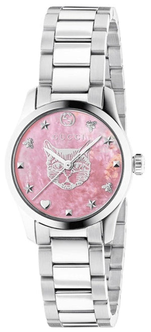 Shop Authentic Gucci G Timeless Quartz Mother of Pearl Pink Dial Silver Steel Strap Watch For Women - YA1265013 - Luxxuri