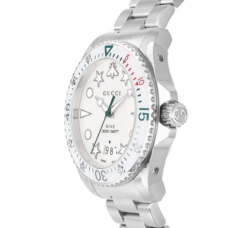  Shop Authentic Gucci Dive Quartz White Dial Silver Steel Strap Watch For Men - YA136336 - Luxxuri