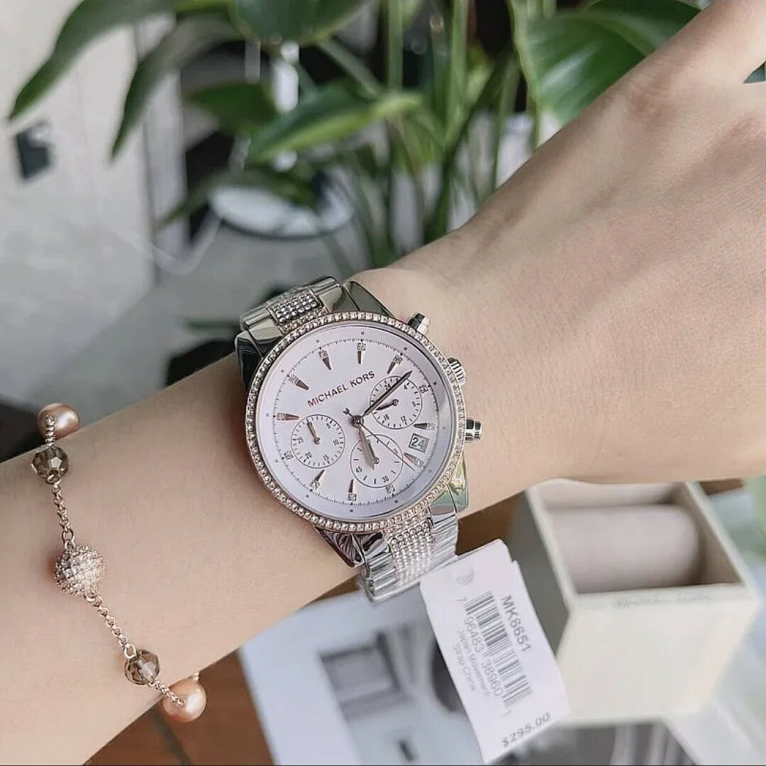  Shop Authentic Michael Kors Ritz Chronograph White Dial Two Tone Steel Strap Watch For Women - MK6651 - Luxxuri