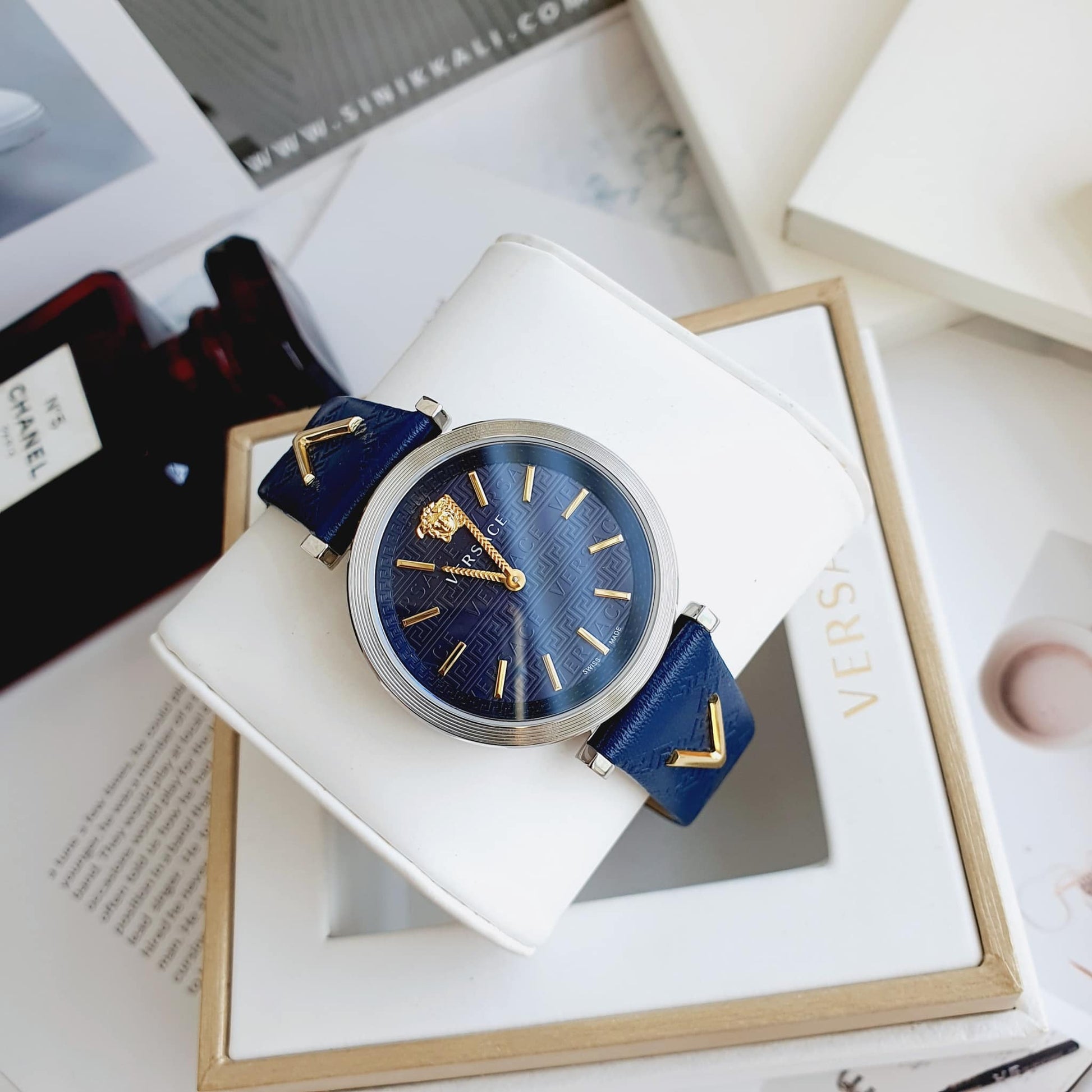  Shop Authentic Versace V-Twist Quartz Blue Dial Blue Leather Strap Watch for Women - VELS00119 - Luxxuri