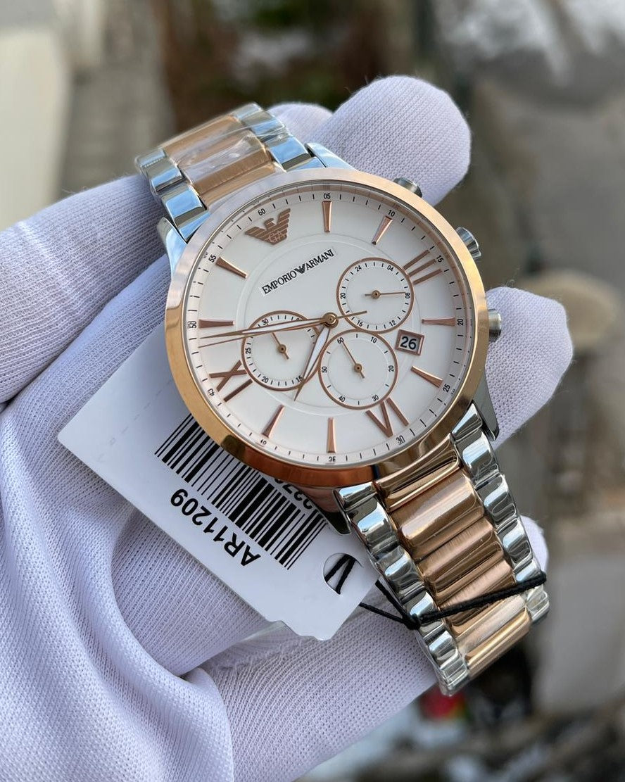  Shop Authentic Emporio Armani Giovanni Chronograph Quartz White Dial Two Tone Steel Strap Watch For Men - AR11209 - Luxxuri