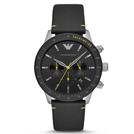 Emporio Armani Mario Chronograph Black Dial Black Leather Strap Watch For Men - AR11325