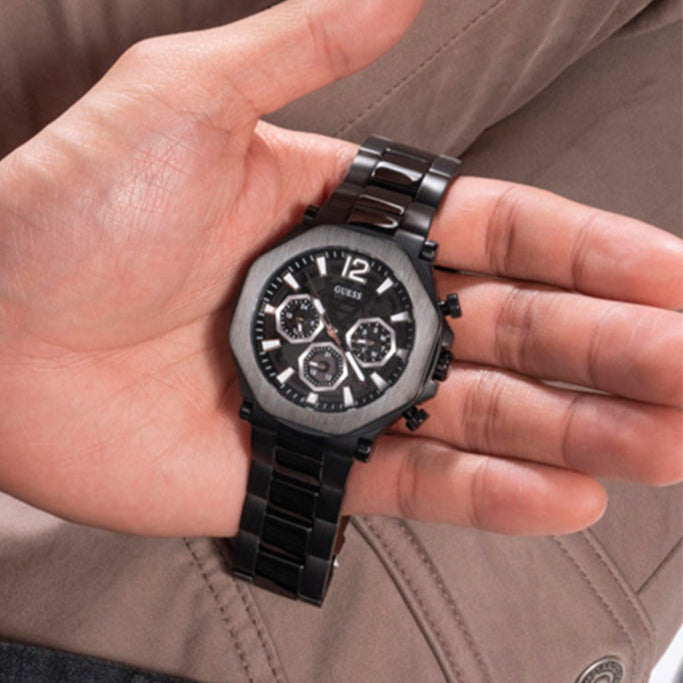 Guess Edge Chronograph Black Dial Black Steel Strap Watch For Men - GW0539G3