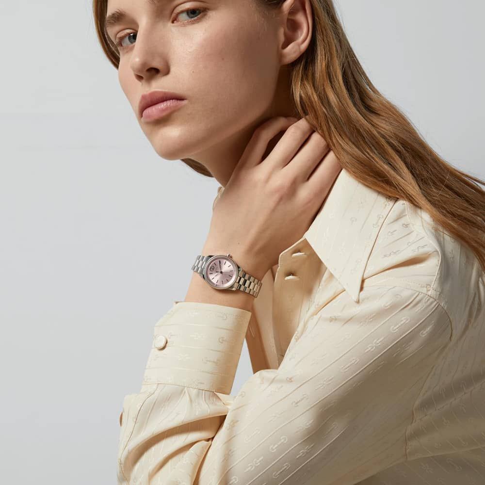  Shop Authentic Gucci G Timeless Quartz Pink Dial Silver Steel Strap Watch for Women - YA1265061 - Luxxuri