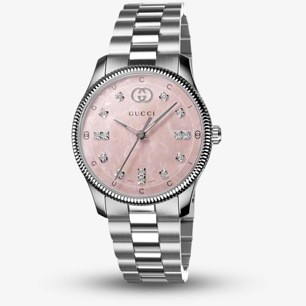  Shop Authentic Gucci G Timeless Diamonds Mother of Pearl Pink Dial Silver Steel Strap Watch for Women - YA1265062 - Luxxuri