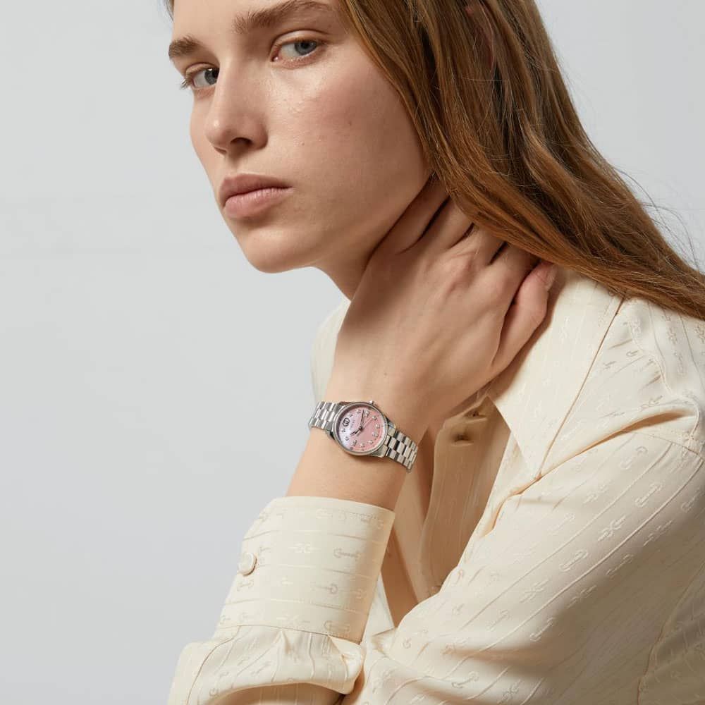  Shop Authentic Gucci G Timeless Diamonds Mother of Pearl Pink Dial Silver Steel Strap Watch for Women - YA1265062 - Luxxuri