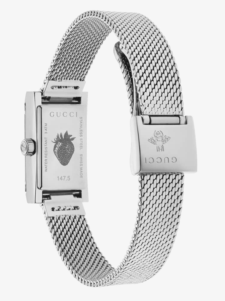  Shop Authentic Gucci G Frame Quartz Diamonds Green & Red Mother of Pearl Dial Silver Mesh Bracelet Watch For Women - YA147510 - Luxxuri