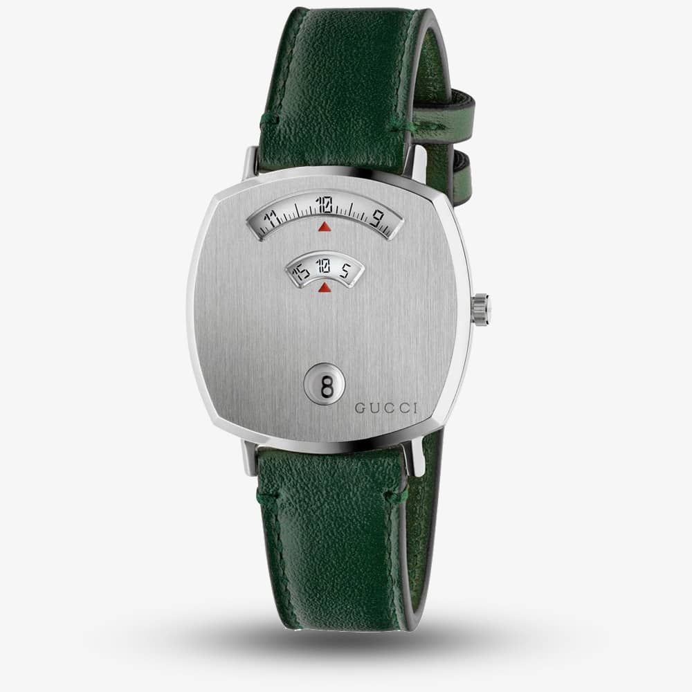  Shop Authentic Gucci Grip Quartz Silver Dial Green Leather Strap Unisex Watch - YA157406 - Luxxuri