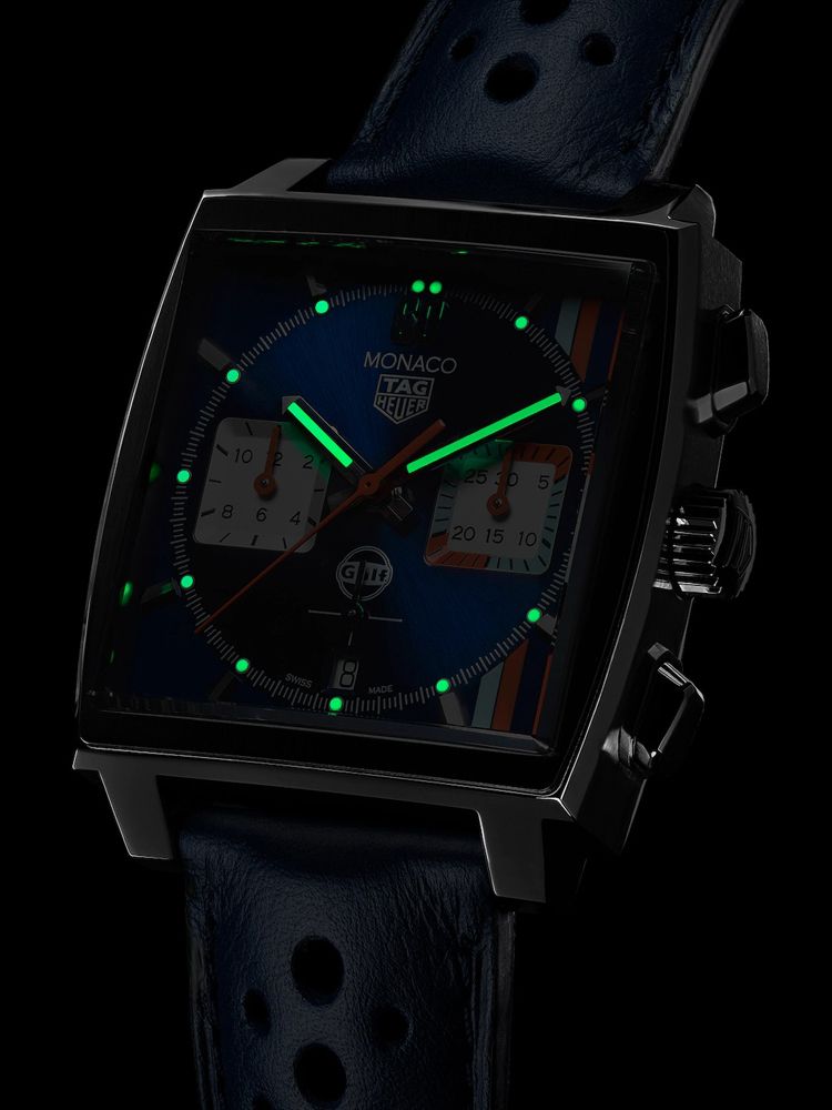  Shop Authentic Tag Heuer Monaco Gulf Automatic Chronograph Blue Dial Blue Leather Strap Watch for Men - CBL2115.FC6494 - Luxxuri
