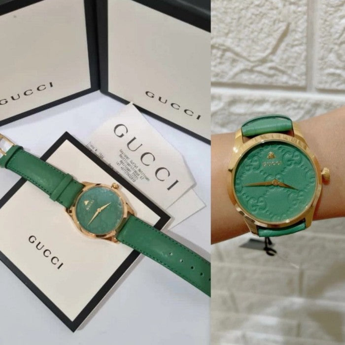  Shop Authentic Gucci G Timeless Quartz Green Dial Green Leather Strap Watch For Women - YA1264099 - Luxxuri