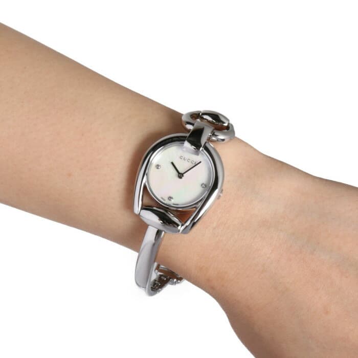  Shop Authentic Gucci Horsebit Collection Diamonds Mother of Pearl Dial Silver Steel Strap Watch For Women - YA139506 - Luxxuri