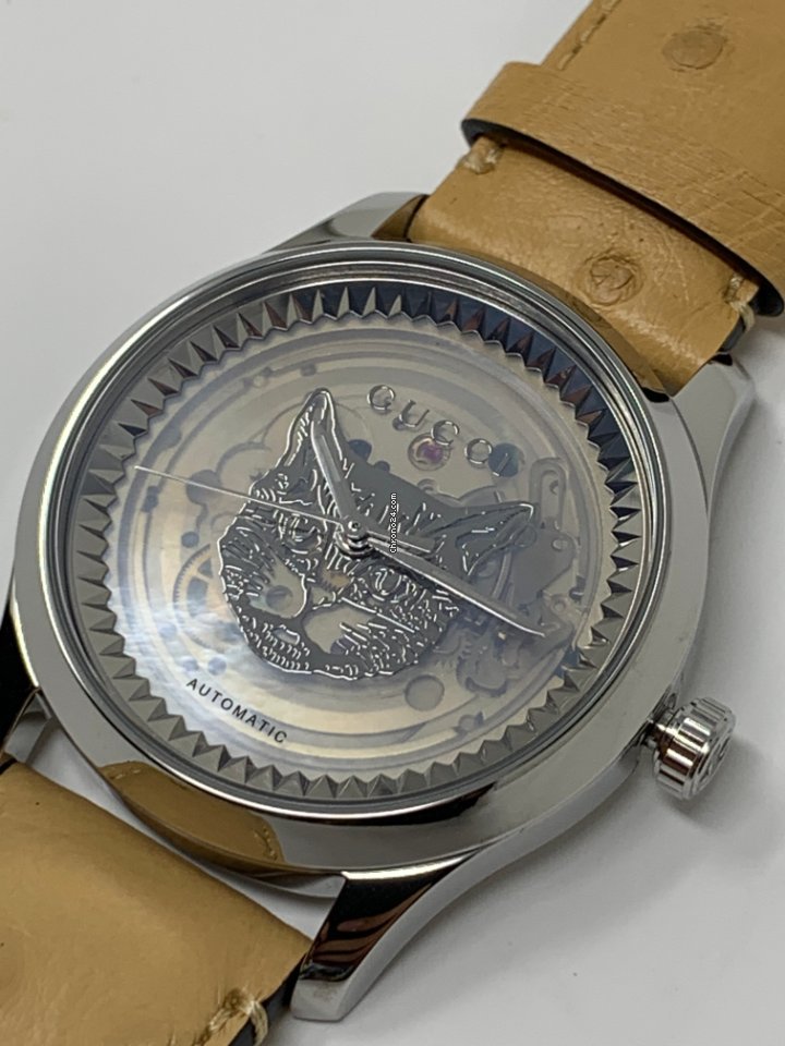  Shop Authentic Gucci G Timeless Automatic Mother of Pearl Dial Brown Leather Strap Watch For Women - YA1264112 - Luxxuri