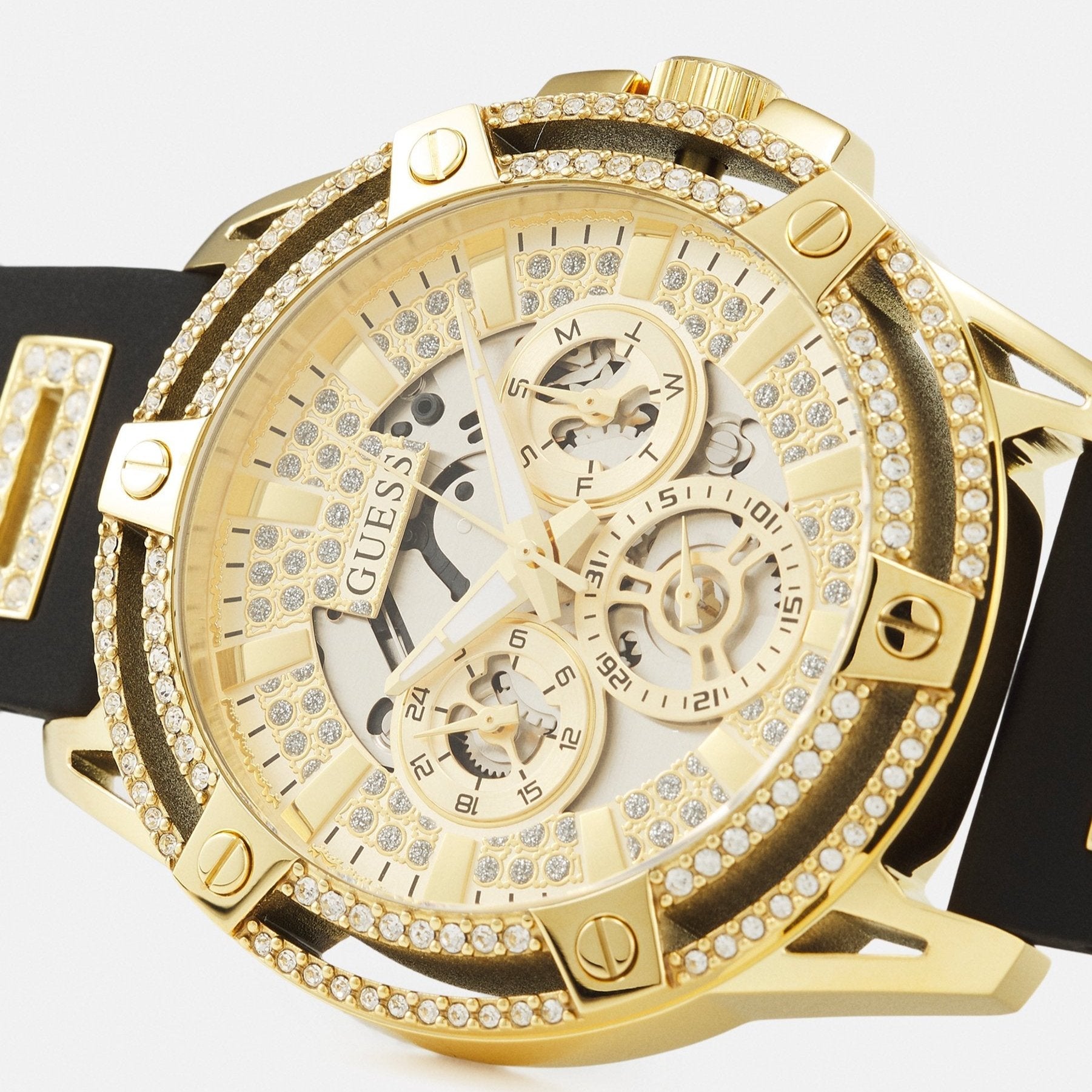  Shop Authentic Guess King Quartz Crystals Gold Dial Black Silicone Strap Watch For Men - GW0537G2 - Luxxuri