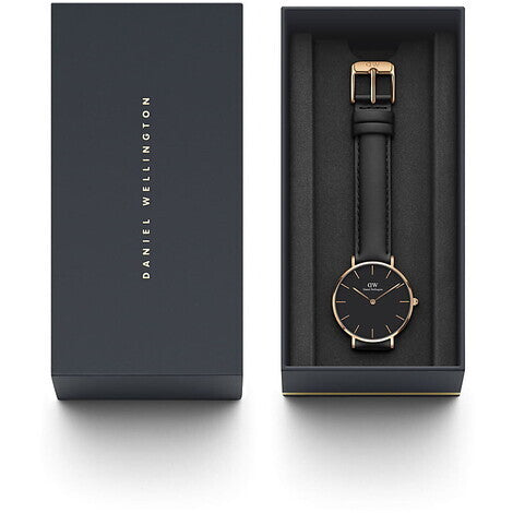  Shop Authentic Daniel Wellington Petite Sheffield Black Dial Black Leather Strap Watch For Women - DW00100168 - Luxxuri