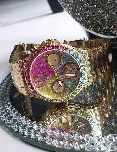 Guess Sugarrush Quartz Multicolor Dial Gold Steel Strap Watch For Women - GW0258L1