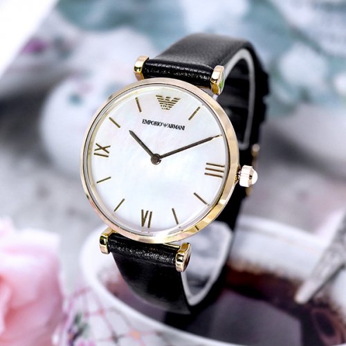  Shop Authentic Emporio Armani Gianni T-Bar Quartz Mother of Pearl Dial Black Leather Strap Watch For Women - AR1910 - Luxxuri