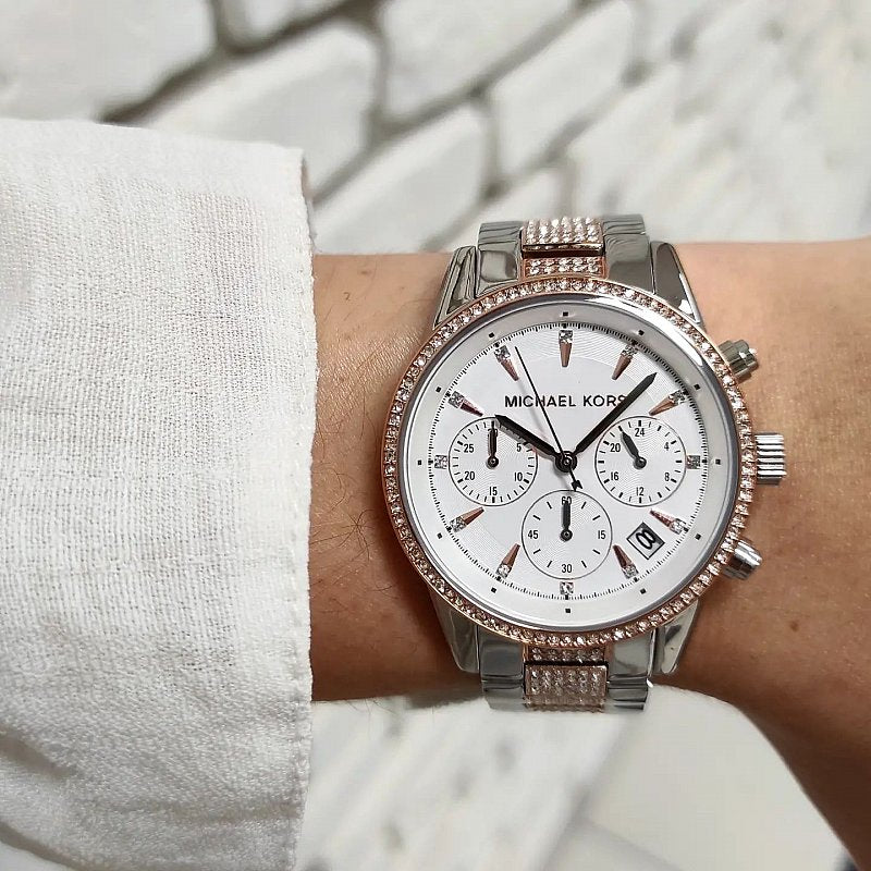  Shop Authentic Michael Kors Ritz Chronograph White Dial Two Tone Steel Strap Watch For Women - MK6651 - Luxxuri