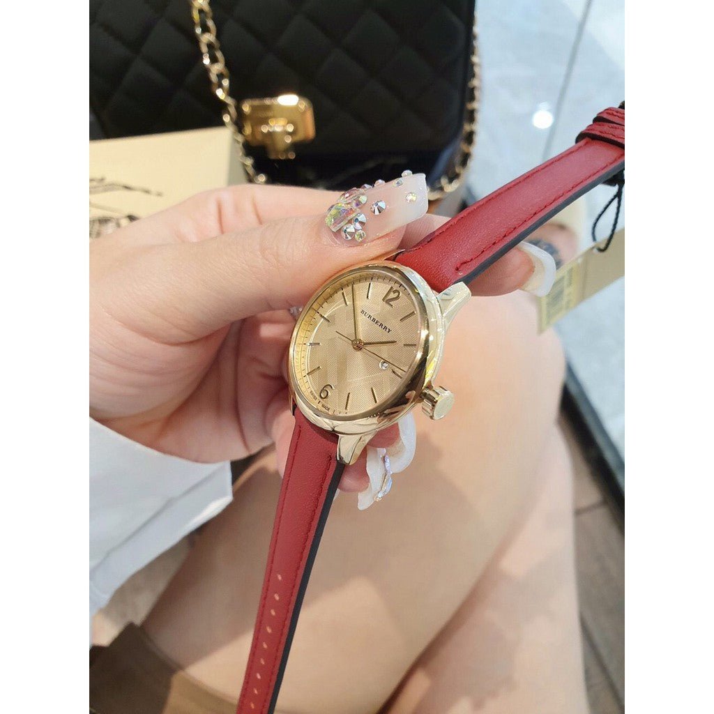  Shop Authentic Burberry The Classic Gold Dial Red Leather Strap Watch for Women - BU10102 - Luxxuri