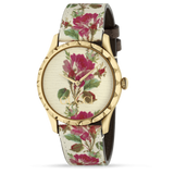  Shop Authentic Gucci G Timeless Floral Gold Dial White Leather Strap Watch For Women - YA1264084 - Luxxuri