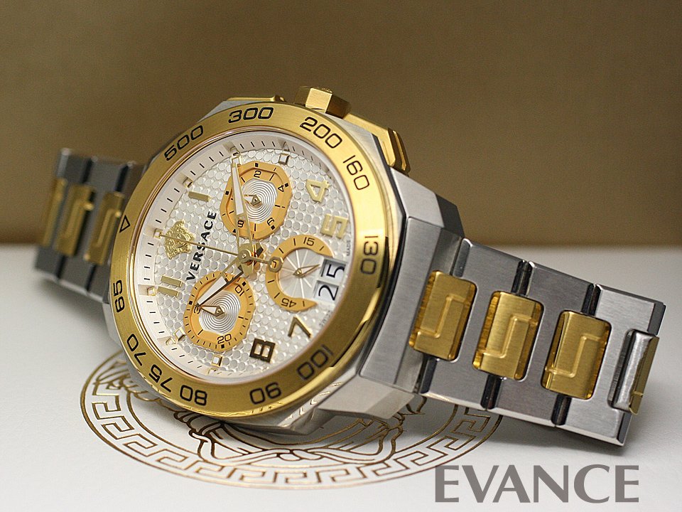  Shop Authentic Versace Dylos Chronograph Silver Dial Two Tone Steel Strap Watch for Men - VQC030015 - Luxxuri