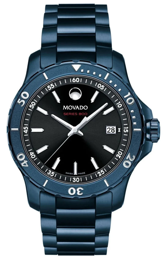 Movado Series 800 Black Dial Blue Ion Plated Steel Strap Watch for Men - 2600139
