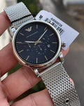  Shop Authentic Emporio Armani Luigi Chronograph Blue Dial Silver Mesh Bracelet Watch For Men - AR80038 - Luxxuri