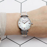  Shop Authentic Emporio Armani Gianni T-Bar Mother of Pearl Dial Two Tone Steel Strap Watch For Women - AR1987 - Luxxuri