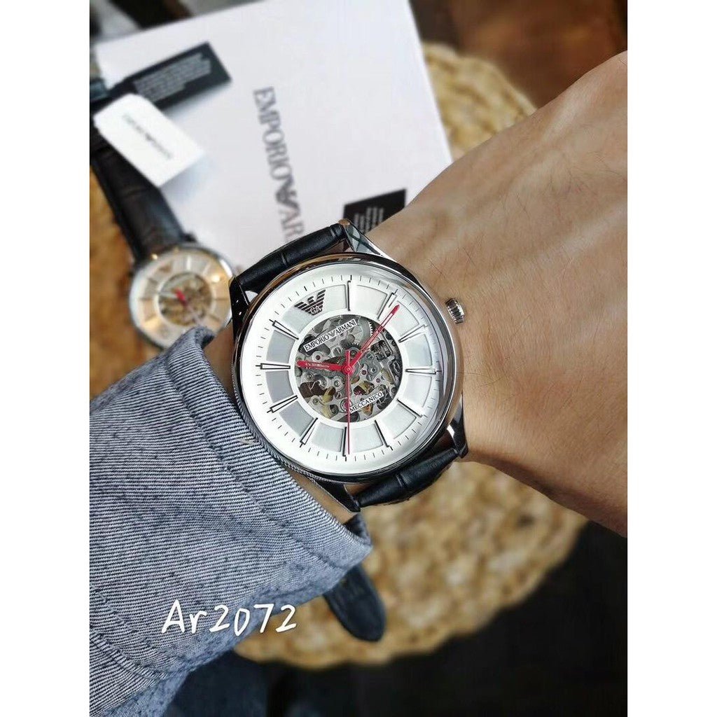  Shop Authentic Emporio Armani Meccanico Silver Skeleton Dial Black Leather Strap Watch For Men - AR2072 - Luxxuri