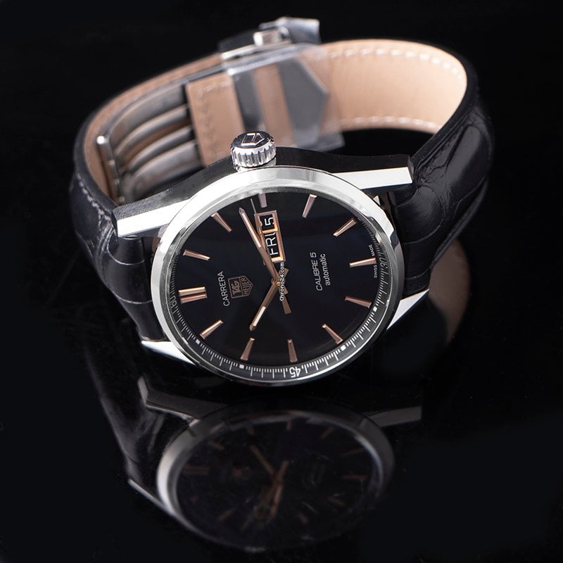  Shop Authentic Tag Heuer Carrera Automatic 41mm Black Dial Black Leather Strap Watch for Men - WAR201A.FC6266 - Luxxuri